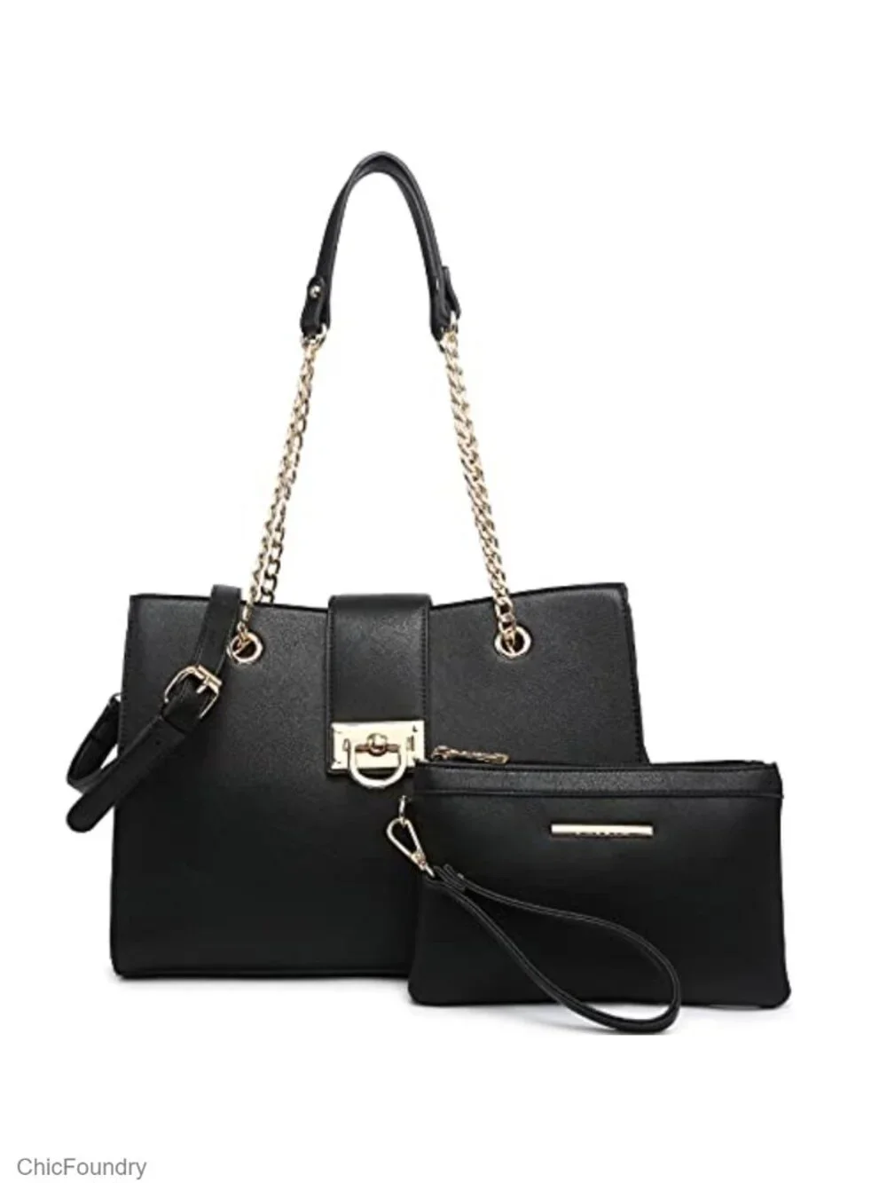 Vegan Leather Satchel Bag with Matching Clutch, Detachable Crossbody Strap,